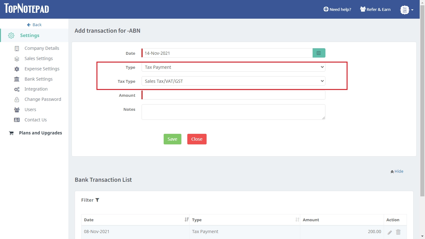 Steps to record tax payment