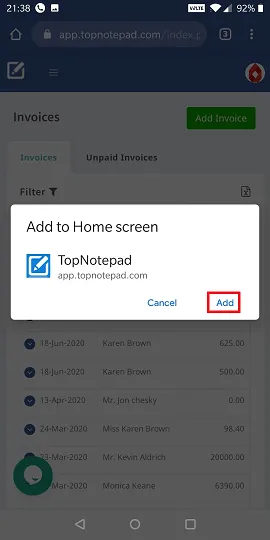 Add to home option