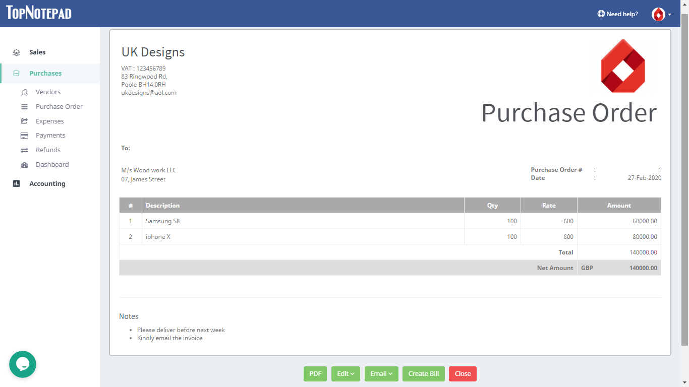 UK purchase order template