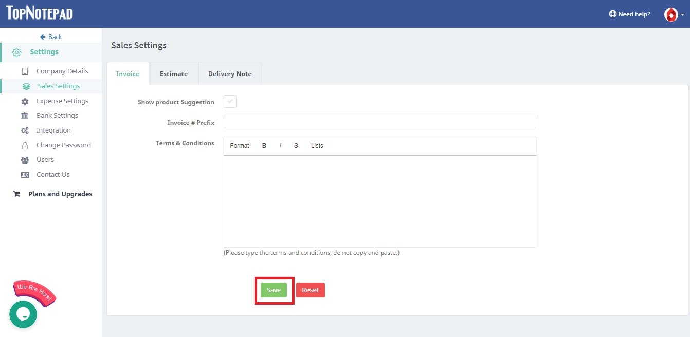 Seller Setting Page Example Steps to edit sales settings
