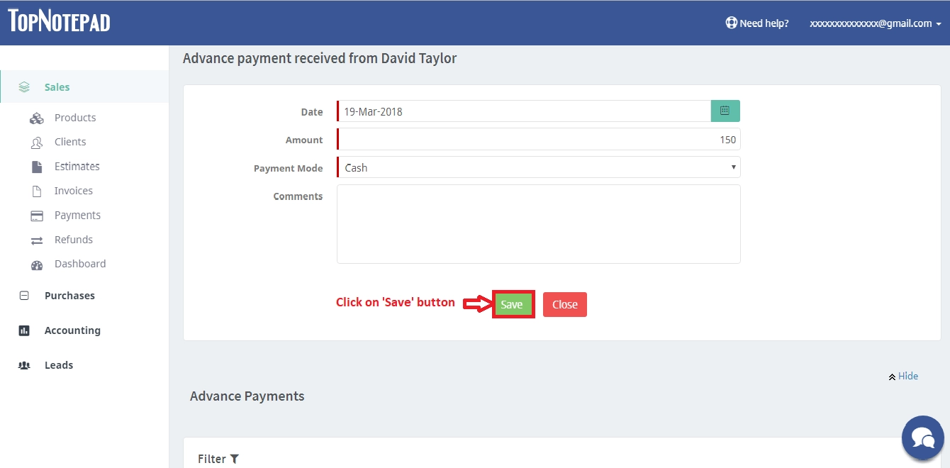 Steps to log advance payment made by a client