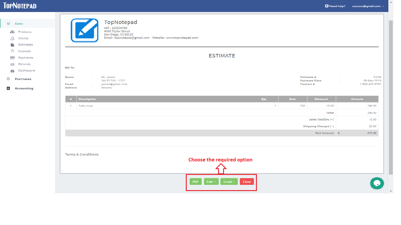 Estimate view