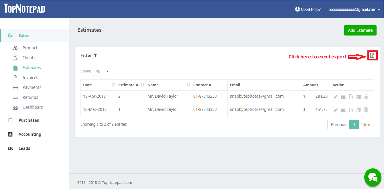 Estimate Excel Export