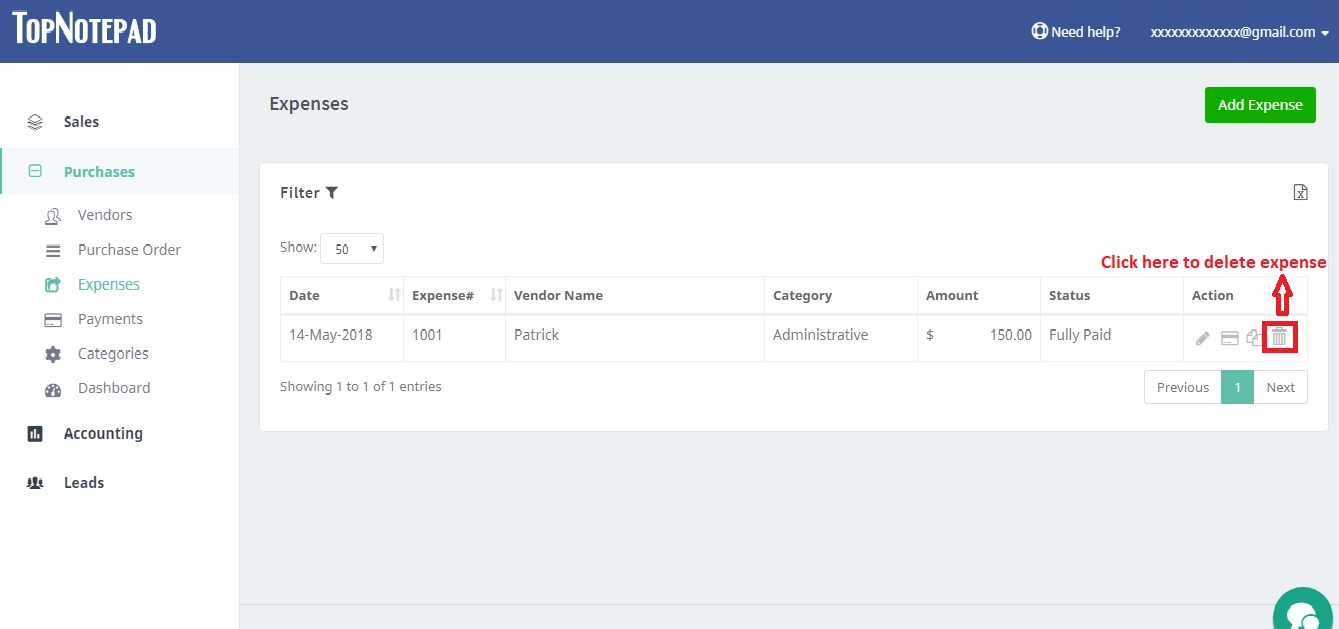 Steps to delete expense