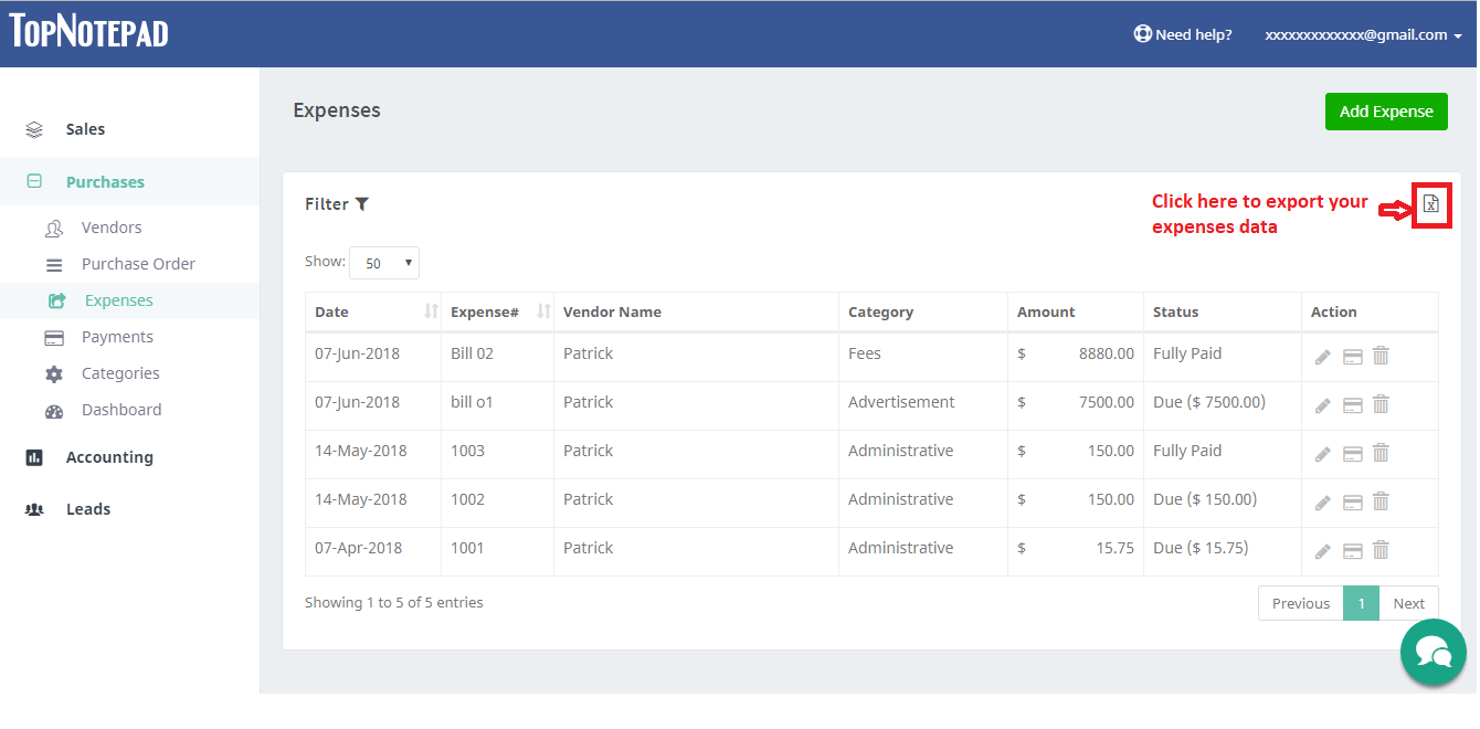 Expense Excel Export