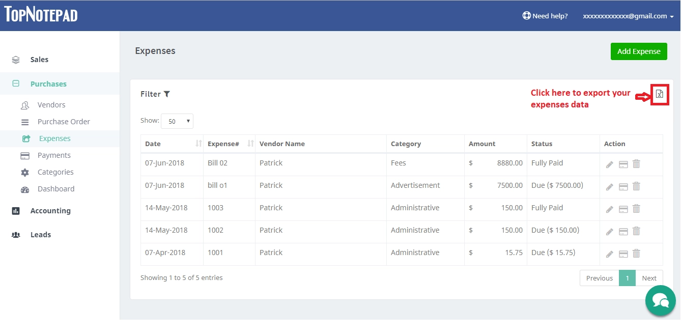 Expense Excel Export