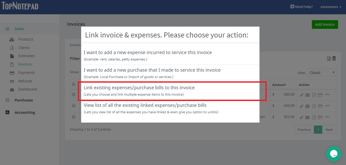 Expense Against Invoice pop-up